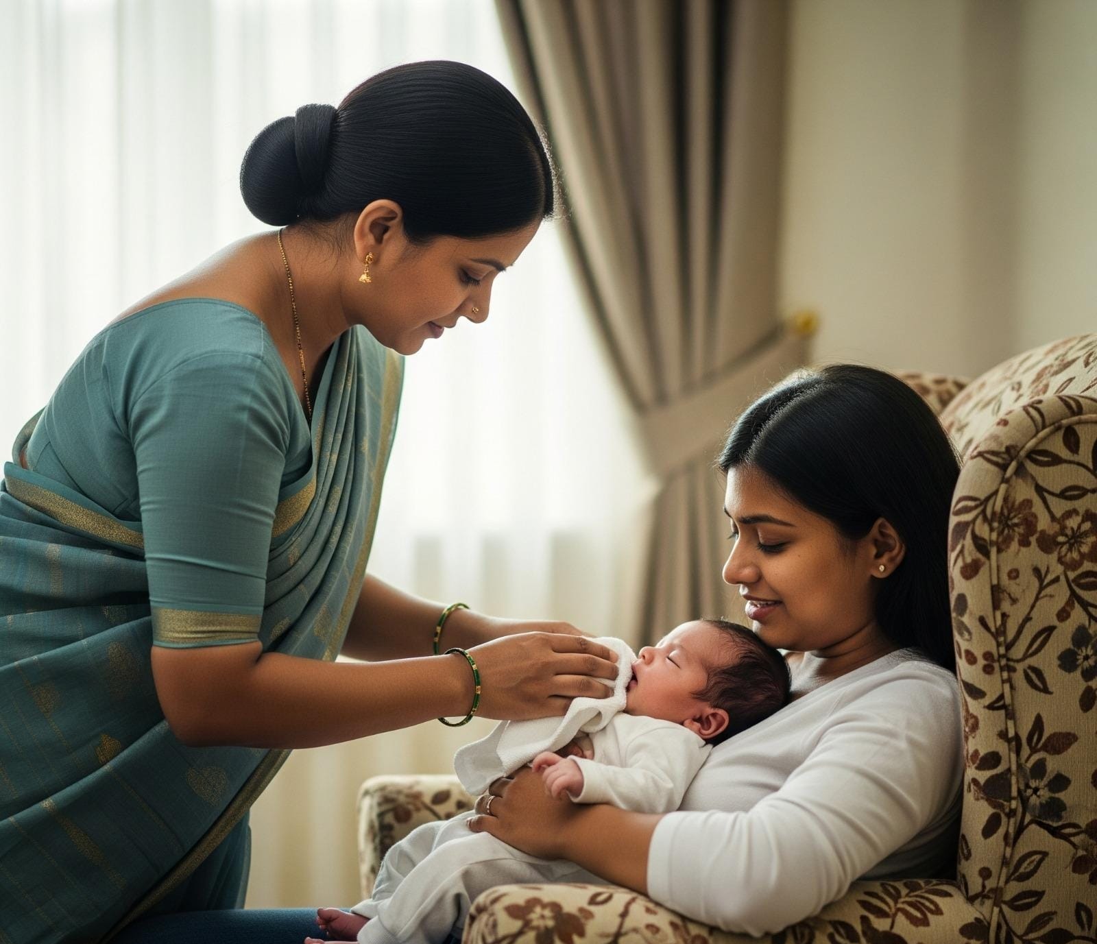 Experienced Japa Maid holding newborn baby - Services in Delhi Mumbai Pune